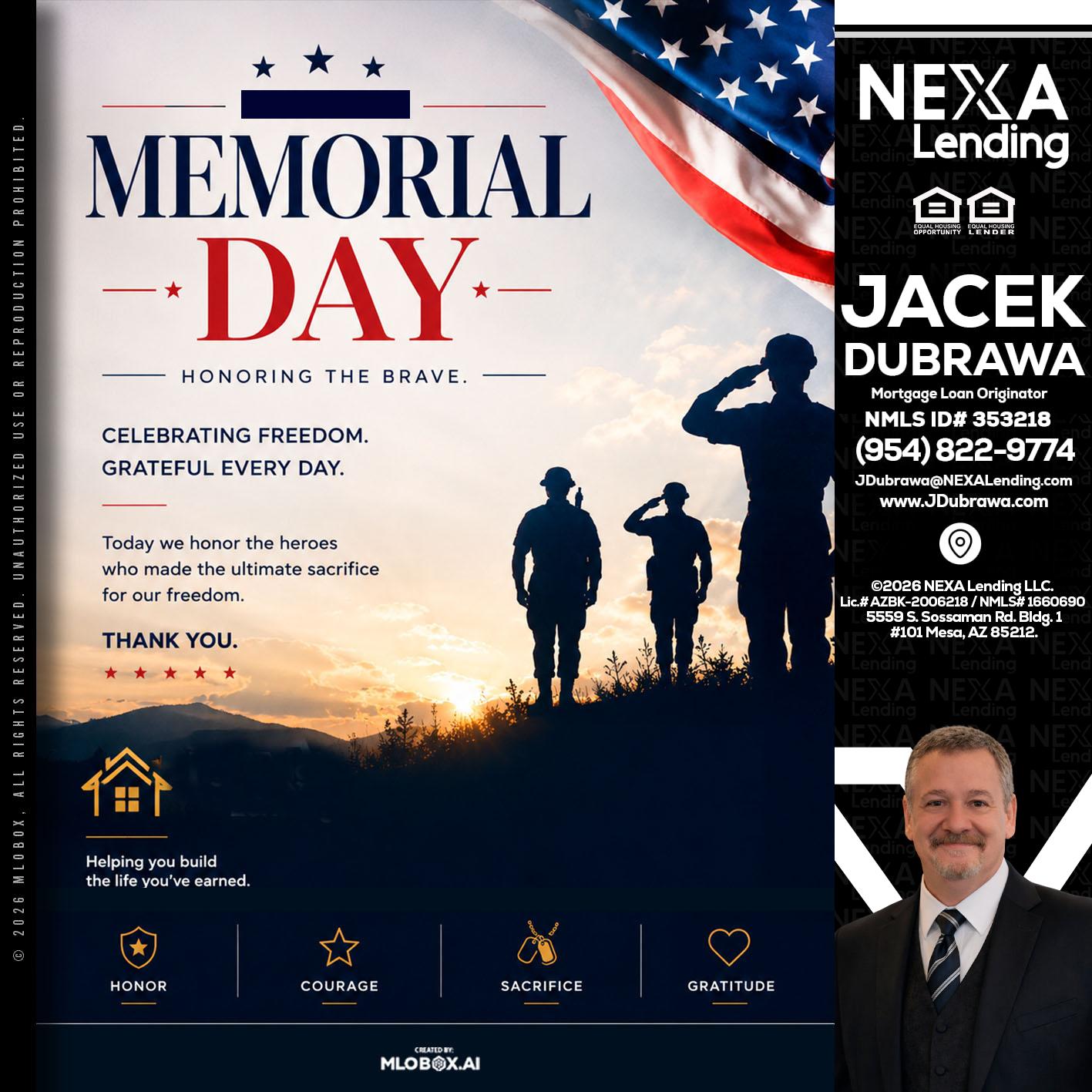 MEMORIAL DAY - Jacek Dubrawa -Senior Loan Officer